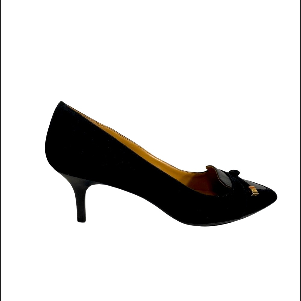 TOMMY HILFIGER black pumps 9 M velvet with bow and gold metal detail pointed